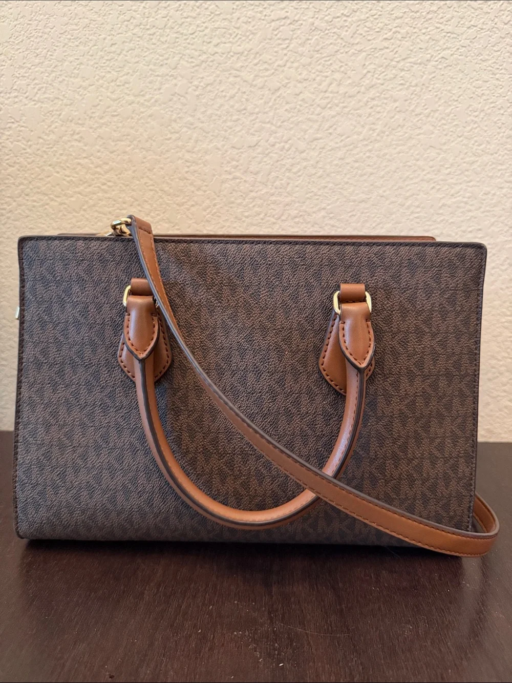 Michael Kors Brown Logo Satchel with Gold Hardware